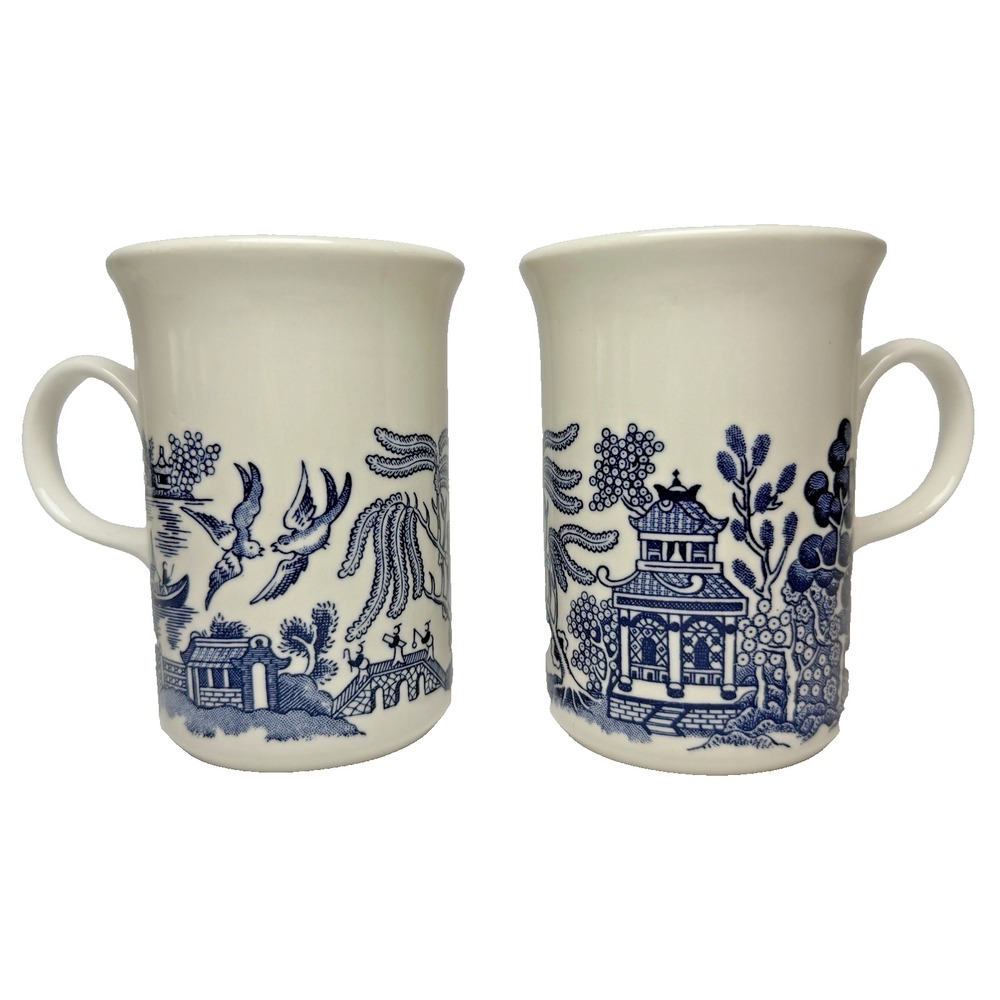 Vintage Churchill Blue Willow Tall Coffee Mugs Made England Set of Two 4" Tall